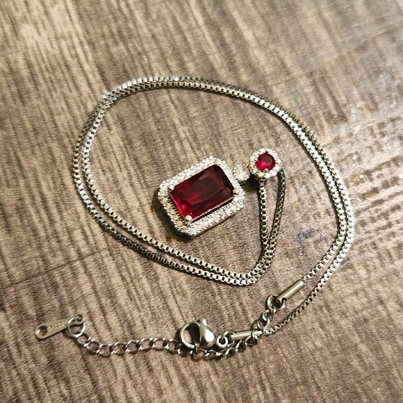 Ruby Pendant Necklace Silver Stainless Steel Emerald Cut Stone for Women - Picture 6 of 9